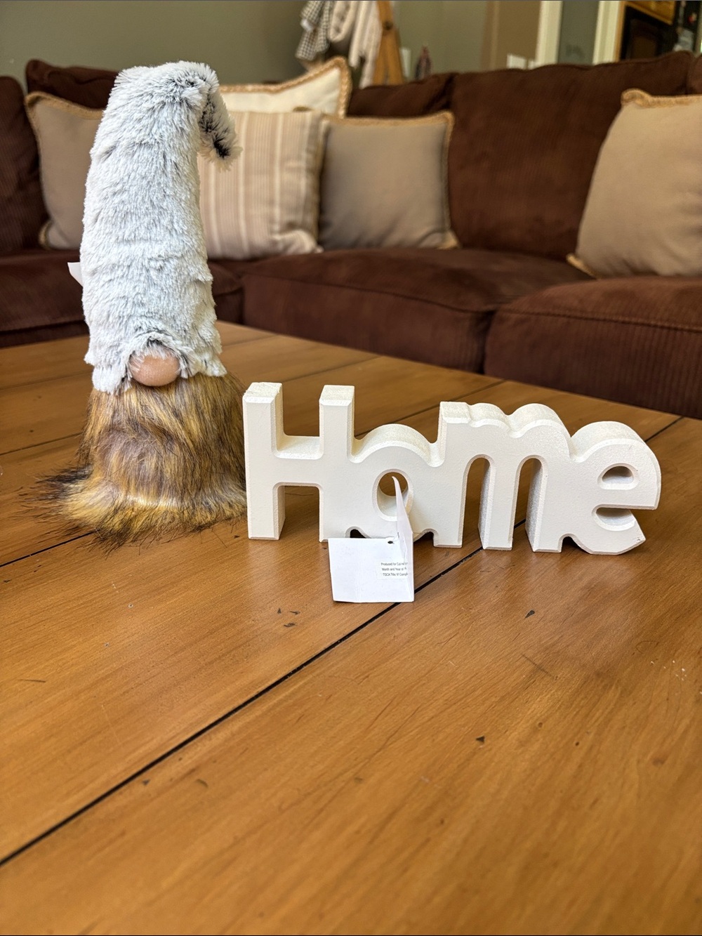 Gray Faux-Fur Gnome with White 'Home' Sign